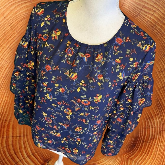 Madewell ‘Ruffle Sleeve Top’ in “Oriental Floral Midnight” Navy Blue Size Small - Picture 16 of 16